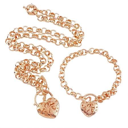 9K rose Gold GF euro heart padlock necklace/bracelet  