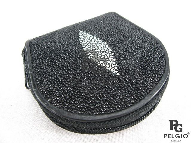 PELGIO New Genuine Stingray Skin Leather Zip Coin Purse Wallet Black 