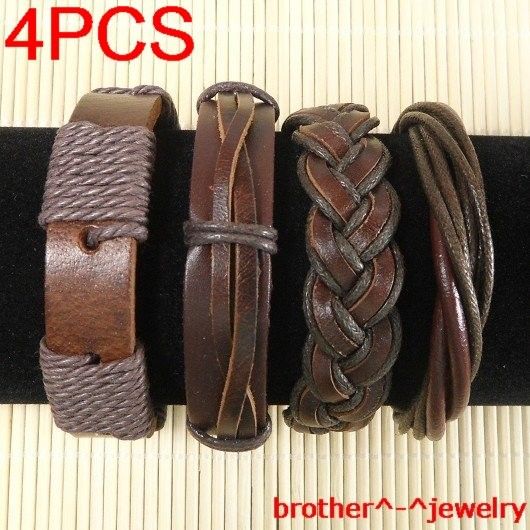 Wholesale lots ethnic tribal 4pcs genuine leather bracelet B32  