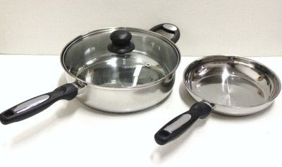 5PC Set of Stainless Steel 3qt Covered Skillet, 8 open fry pan & 2 