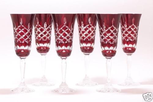 Champagne Flutes Ruby Red Crystal Glasses Diamond Cut  