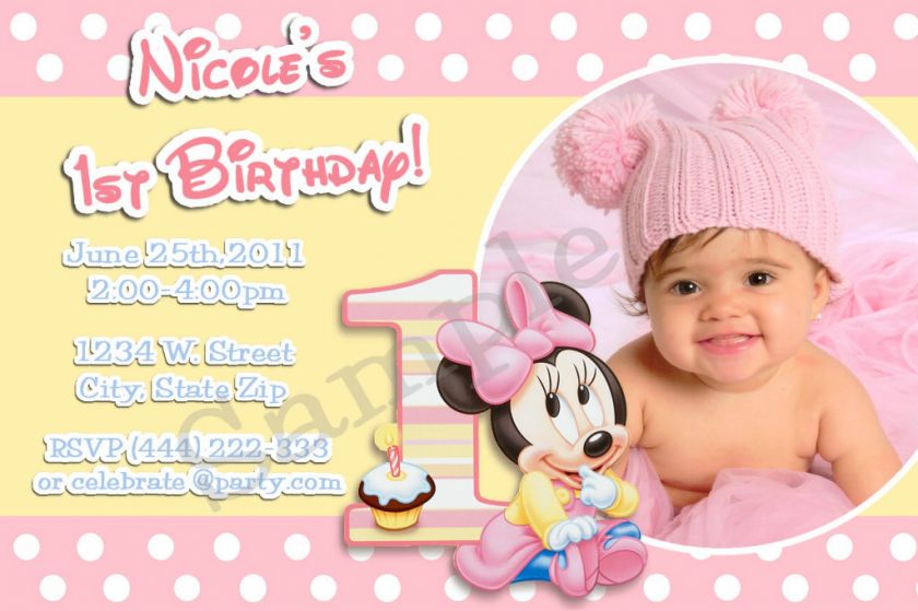   Minnie Mouse 1st Birthday Custom Personalized Birthday Invitations