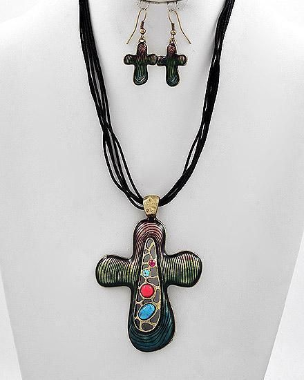 BRASS MULTI COLOR CRYSTAL CROSS NECKLACE EARRING  