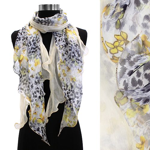 Duo Layered Floral Leopard Animal Chiffon Scarf Pink  
