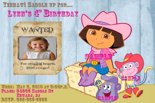 Dora Cowgirl Custom Birthday Party Invitations  