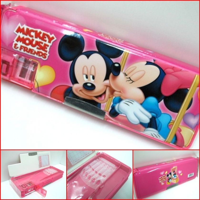 Disney Mickey Minnie Mouse Pencil Case Box 2 Sides w Sharpener Pink 