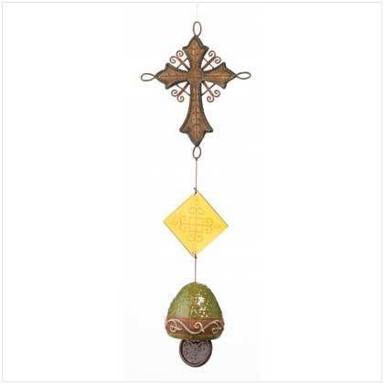 OLD WORLD CROSS AND BELL CHIME SPANISH TUSCAN GARDEN DECOR NV37307 