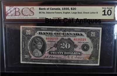 1935 Canada $20 Twenty Dollar Bill BC 9a Vg 10  