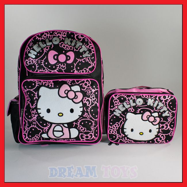   Hello Kitty 16 Black Glitter Backpack and Lunch Bag Set   Girls LARGE